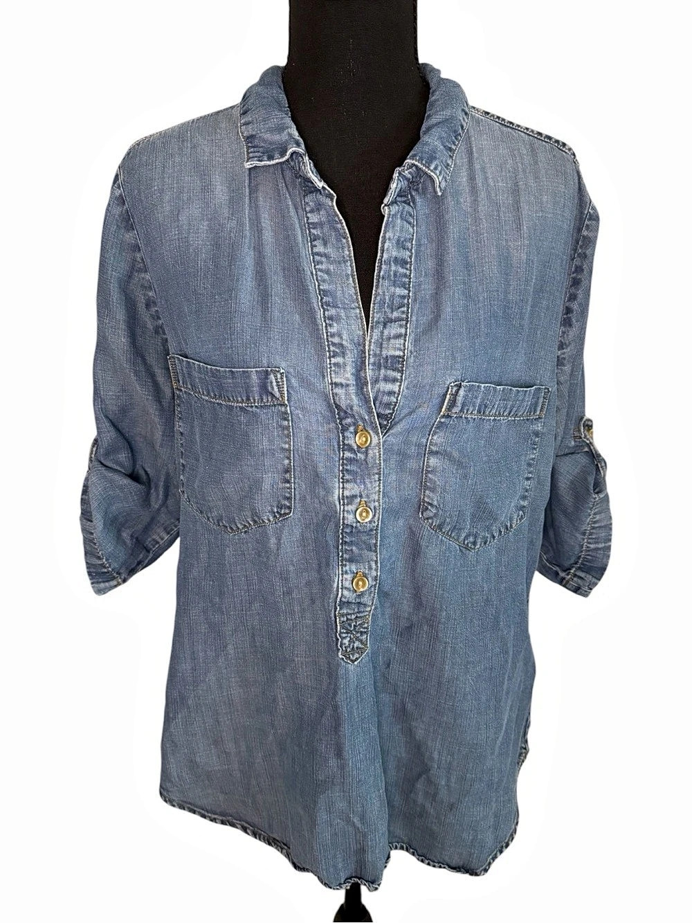 cloth & stone Roll Tab Denim Button-Up Shirt Lyocell Chambray Size Large